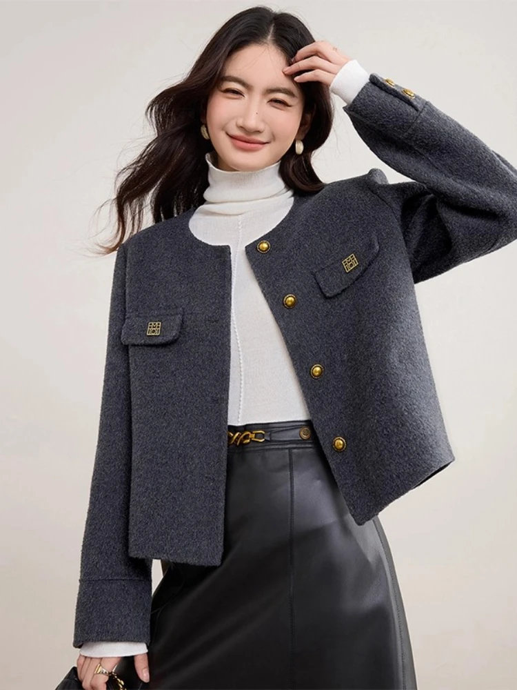 SENTUBILA Women's Wool Coat Round Neck Contrast Trim Double-Faced Wool Coat Metal Buttons Short Coat Women's Clothing W54OF8773