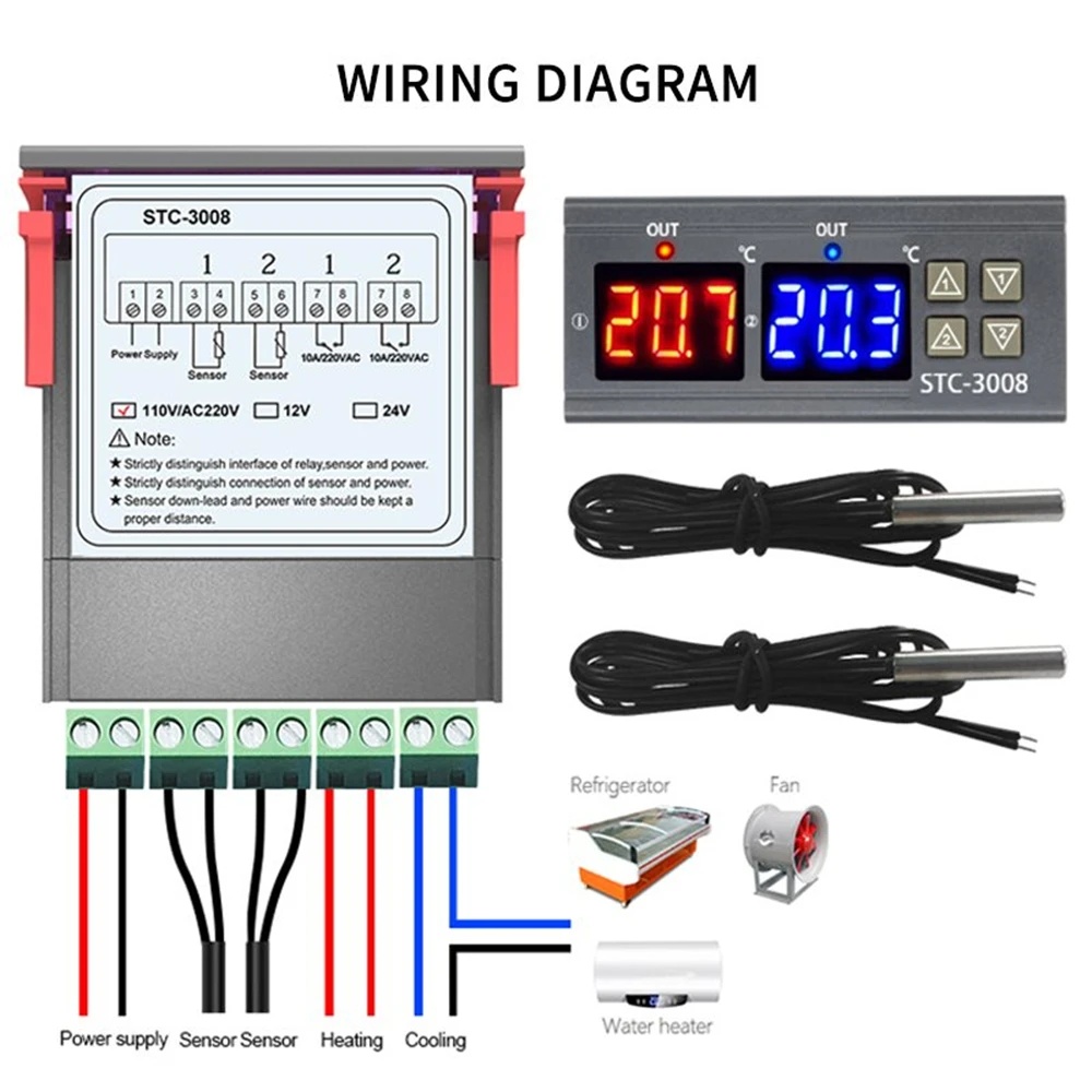 Dual Digital STC-3008 Temperature Controller Two Relay Output Thermostat Heater with Probe 12V 24V 220V Home Fridge Cool Heat