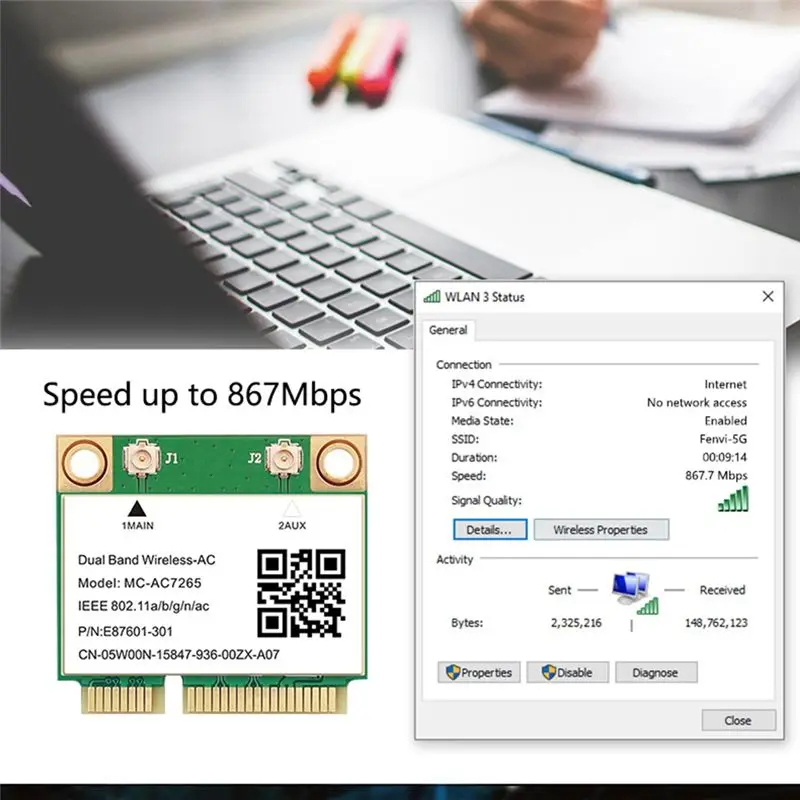 A10I 1200Mbps Wireless -AC7265 Dual Band Mini PCI-E WiFi Card Bluetooth 4.2 802.11Ac Dual Band 2.4G 5Ghz Adapter for Laptop