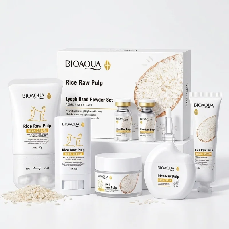 Rice Raw Pulp Skin Care Set Lyophilized Powder Ampoule Neck Cream Hand Cream Roll‑on Deodorant Body Soap Moisturizing Skincare