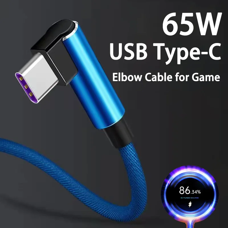Cable USB tipo C de carga rápida 5A, Cable de codo de 90 grados para juego para Xiaomi Redmi POCO Honor, cargador de teléfono