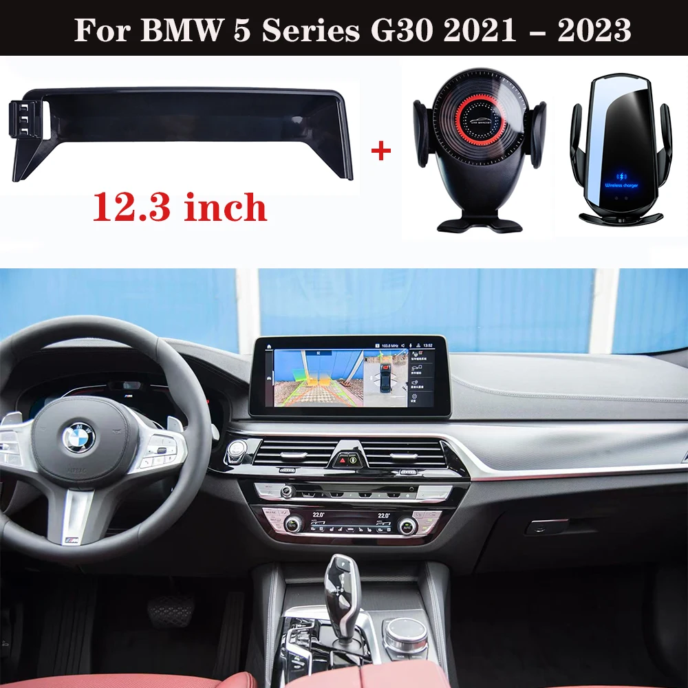 

Car Phone Holder For BMW 5 Series G30 2021-2023 12.3-inch Screen Panel Fixed Base 15W Wireless Charging Phone Holder Car Mount