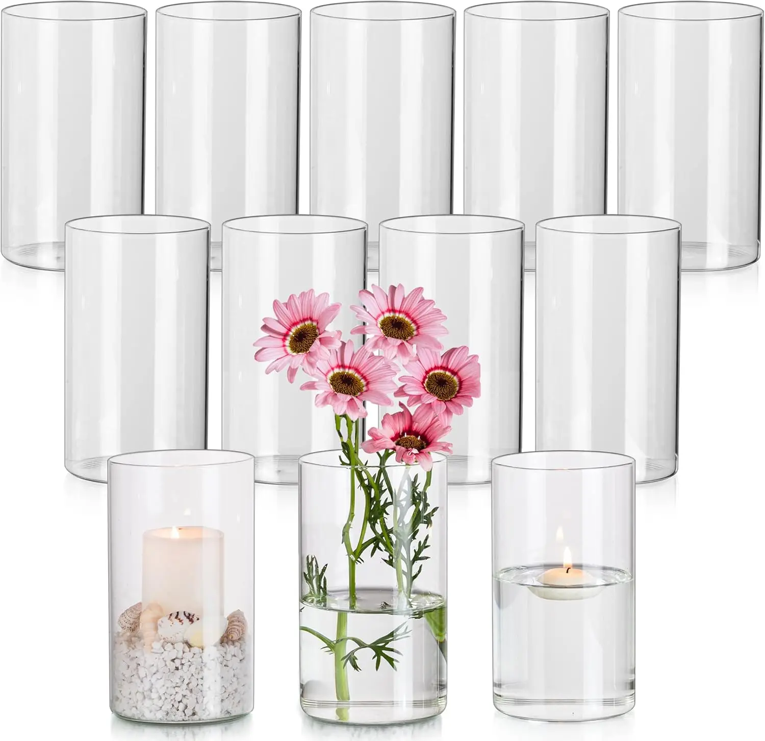 

Hewory Glass Cylinder Vases Set Of 12, Hurricane Candle Holders For Pillar Or Floating Candles, Tall Clear Vase For