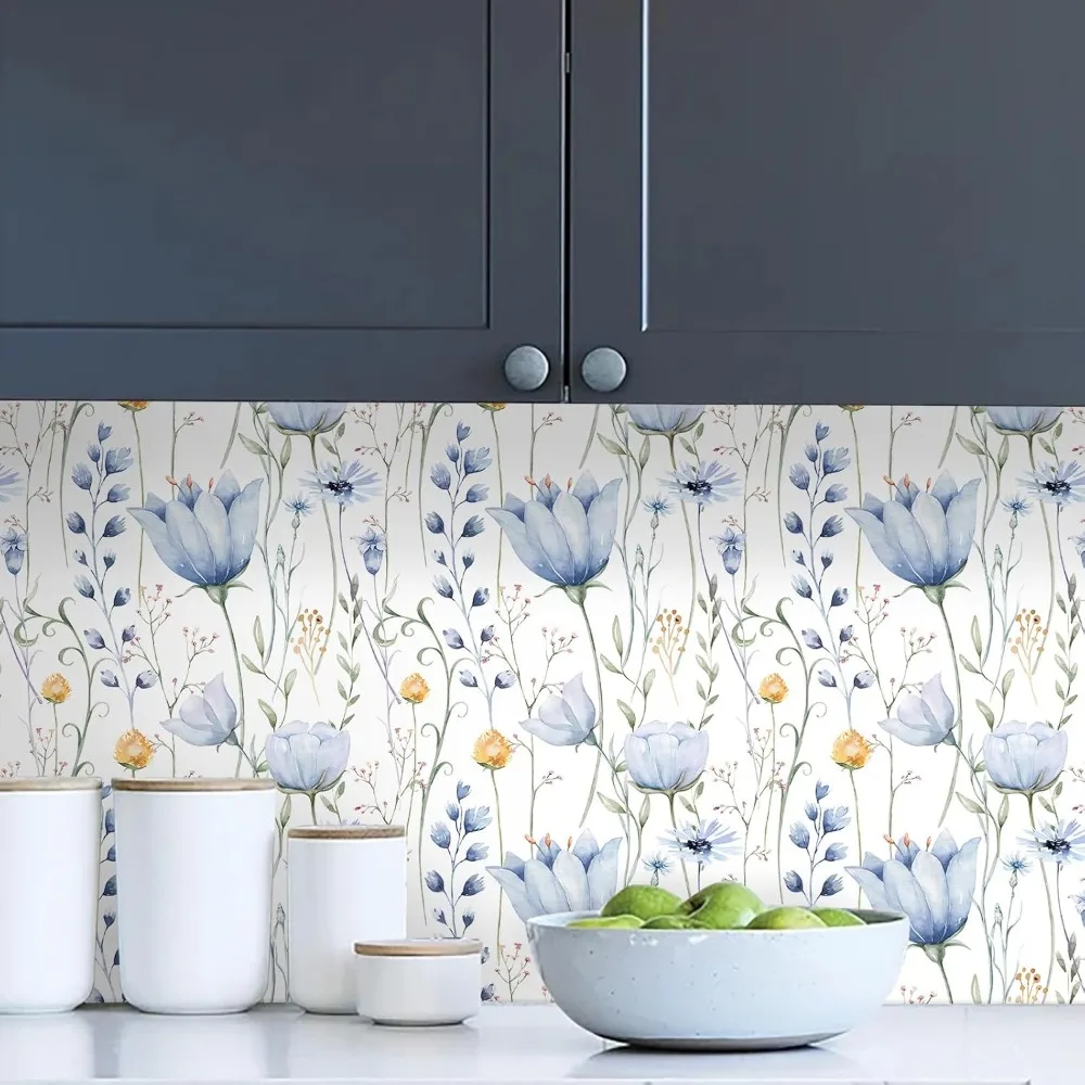 ورق جدران ذاتي اللصق مقاوم للماء قابل للإزالة بالزهور الزرقاء للأثاث، 16.1 × 787 بوصة، تطبيق سهل التقشير واللصق