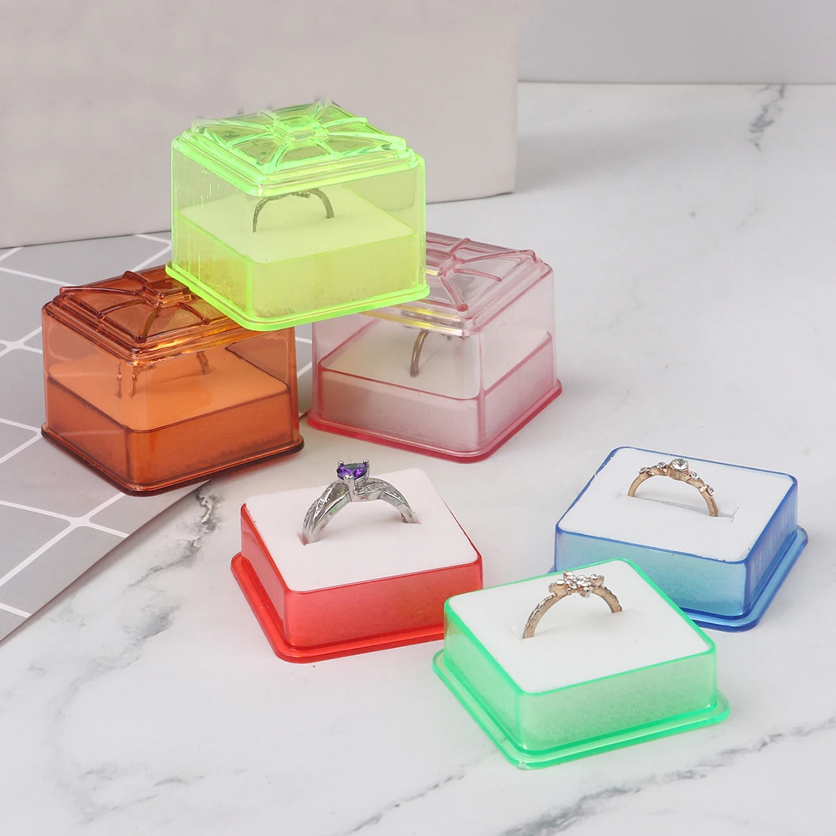 Cajas de plástico para anillos de 6 piezas, caja organizadora de almacenamiento, embalaje de joyería de boda