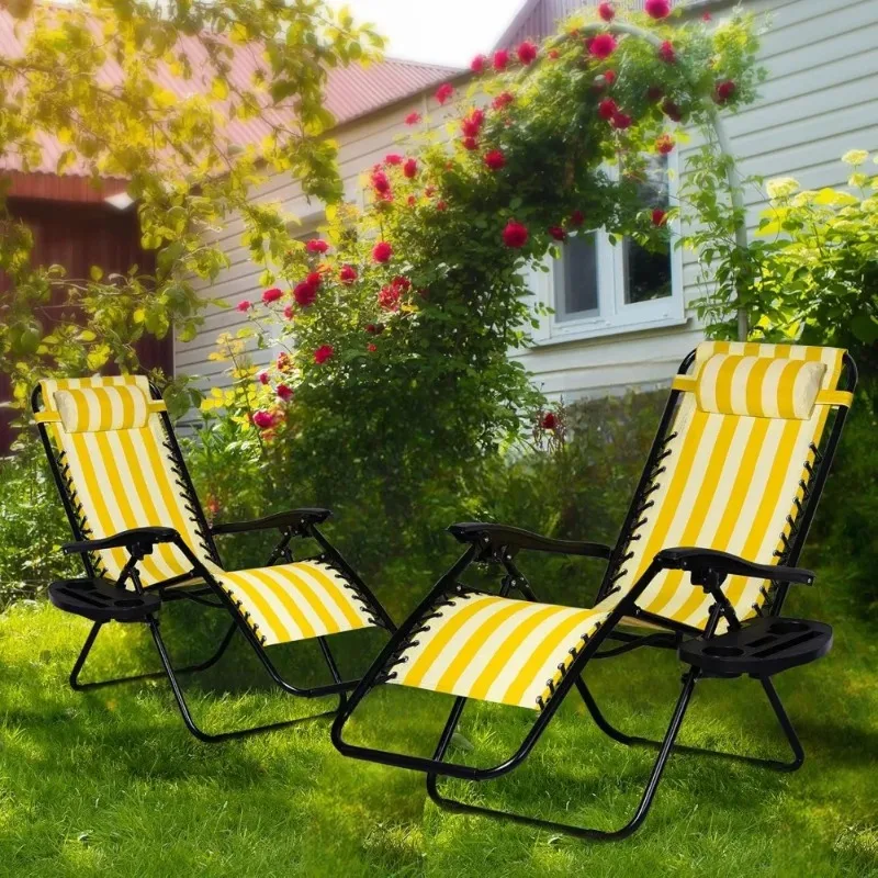 Set of 2 Relaxing Recliners Patio Chairs Adjustable Steel Mesh Zero Gravity Lounge Chair Beach Chairs with Pillow
