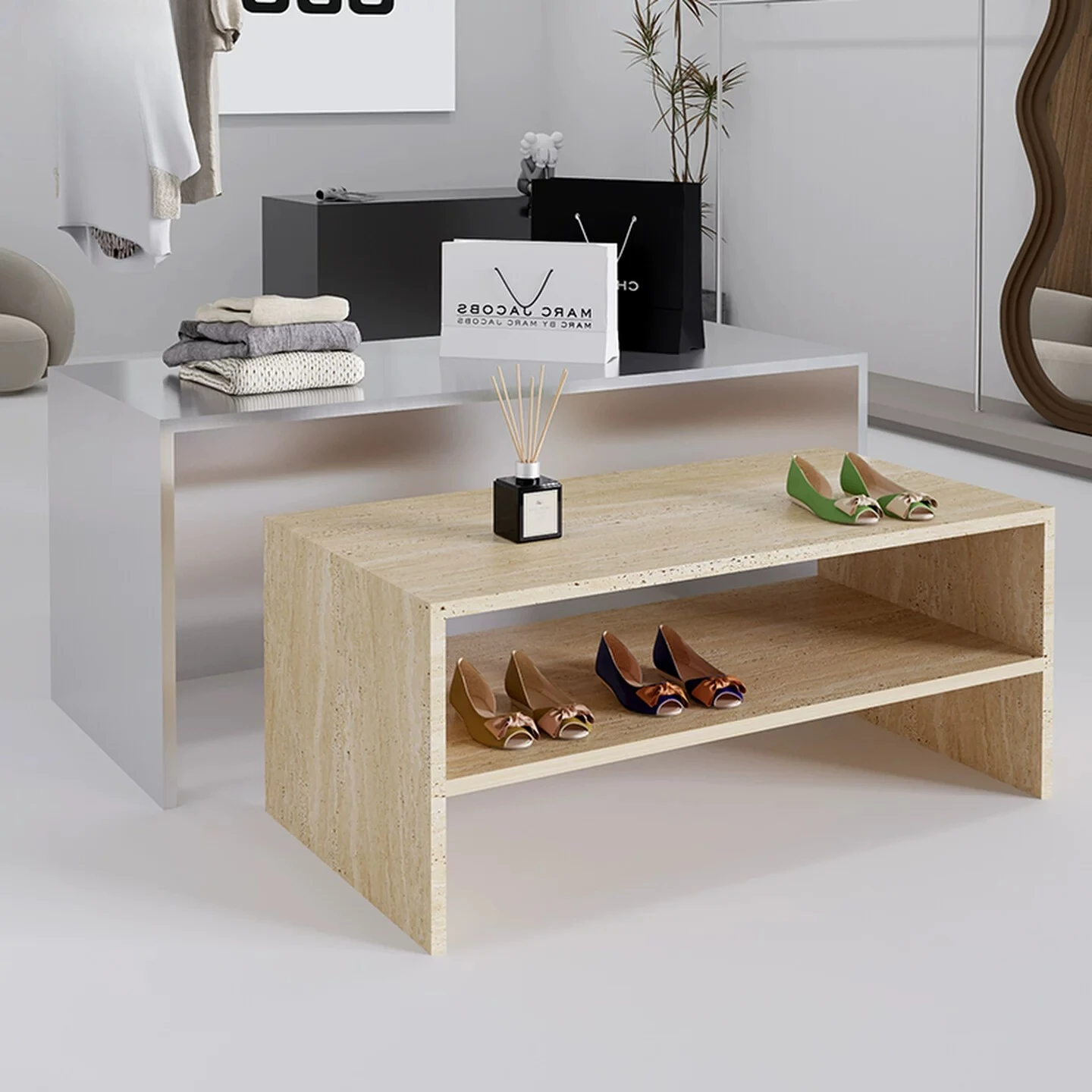 Nakashimadai water table high and low display table shoe store shoe placement travertine storage table