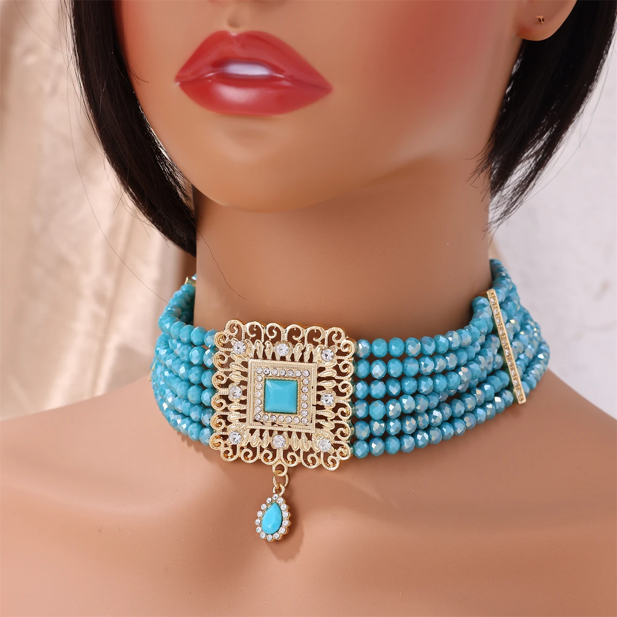 Moroccan Women Necklace Square Style Pearl Rhinestone Beadchain Arabic Wedding Head Chain Ladies Party Valentines Gifts