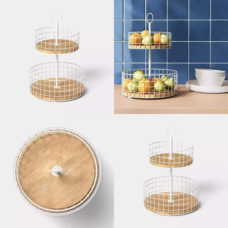 Nordic White Wire Two Layer Tray with Wooden Bottom Fruit Vegetable Display Stand for Restaurant