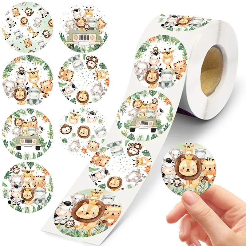 500 قطعة من ملصقات حيوانات الغابة ملصقات عيد ميلاد سعيد سفاري موضوع ديكور الحفلات لاستحمام الطفل للأطفال مستلزمات حفلات أعياد الميلاد الأولى #1