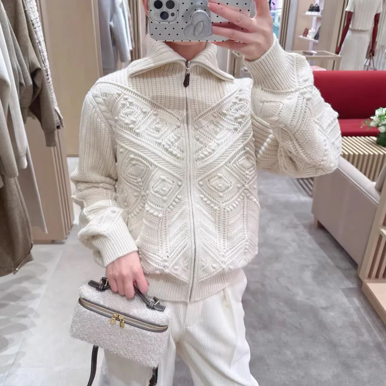 

High Quality 2025 Autumn Winter White Cashmere Cardigan Old Money Style Fashion Zipper Green Knitted Jacket
