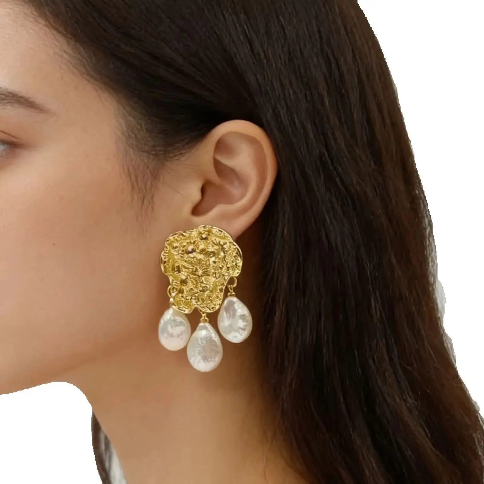 WT-MPE173 Exquisite Special Cloud Rain Design Yellow Brass &Freshwater Pearl Tassel Charms Mid-Length Earring For Women Jewelry
