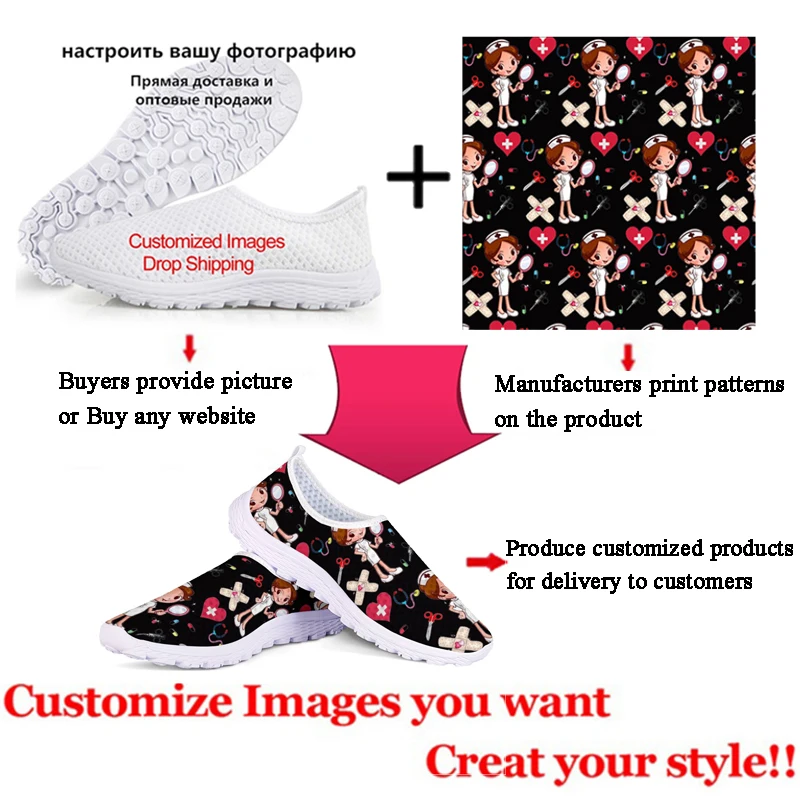 Fashion Women's Casual Nurse Shoes Kawaii Dental Printed Flat Shoes Comfortable Breathable Summer Slip On Mesh Shoe