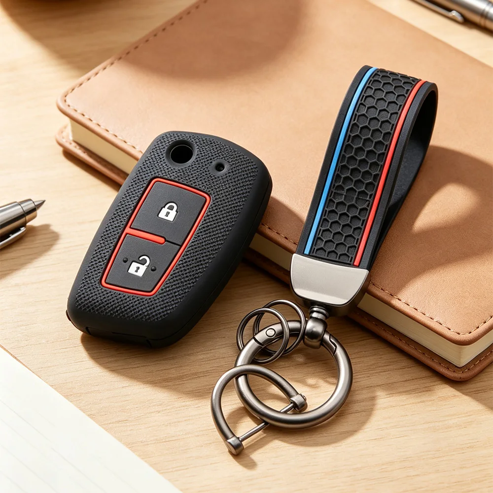 Sport Grain Silicone Flip Key Shell With Keychain for Nissan X‑Trail Juke Qashqai Micra Pulsar 2014‑2018 2‑Button Fob Protector