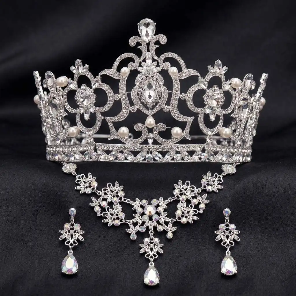 

Silver Wedding Jewelry Set Crown Necklace Earrings Alloy Crystal Bridal Accessories