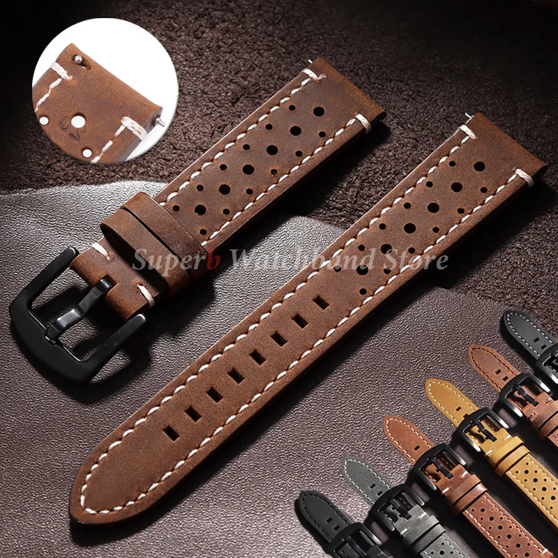 حزام من جلد البقر لساعة سامسونج جالاكسي 18/19/20/21/22/24 مللي متر سوار معصم ريترو قابل للتنفس لسوار Seiko سريع الإصدار