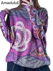 Amax luluE Winter Fashion Warm Sweaters Womens Vintage Printed Turtleneck Jumpers Females Luxury Floral Casual Cotton Pullover