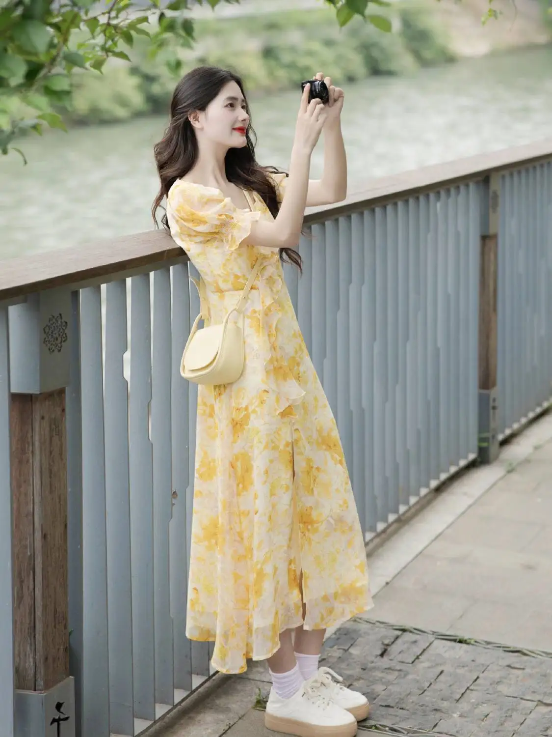 Dresses Women Yellow Floral Printed Puff Sleeve Bodycon Midi French Style Age-reducing Summer Chic Holiday Casual Temperament