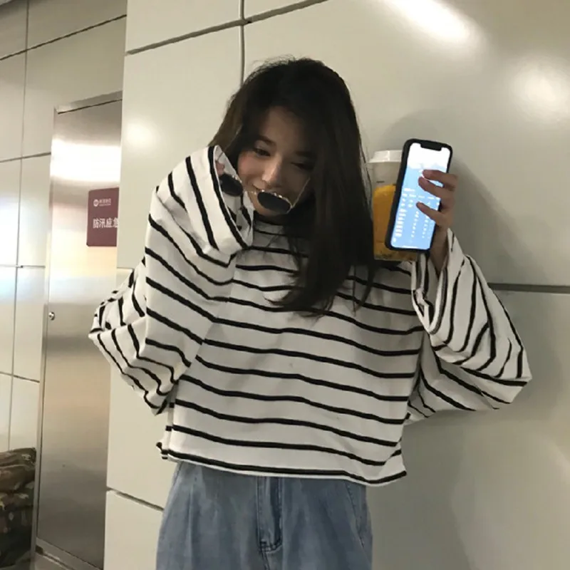 Korean version early autumn top new women's clothing lazy style striped loose long sleeved T-shirt casual base shirt