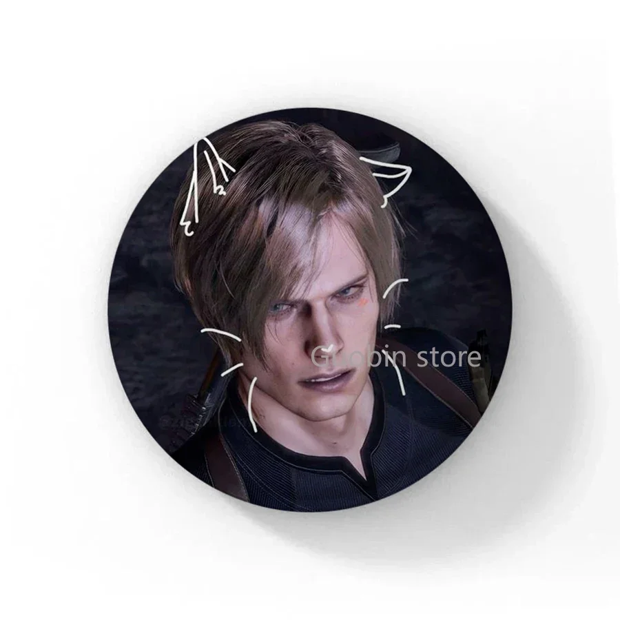 58mm Leon Kennedy Pink Bow Heart Cute Button Pin Evil Game Creative Leon Brooch Badge for Bag Accessories Friends Gift