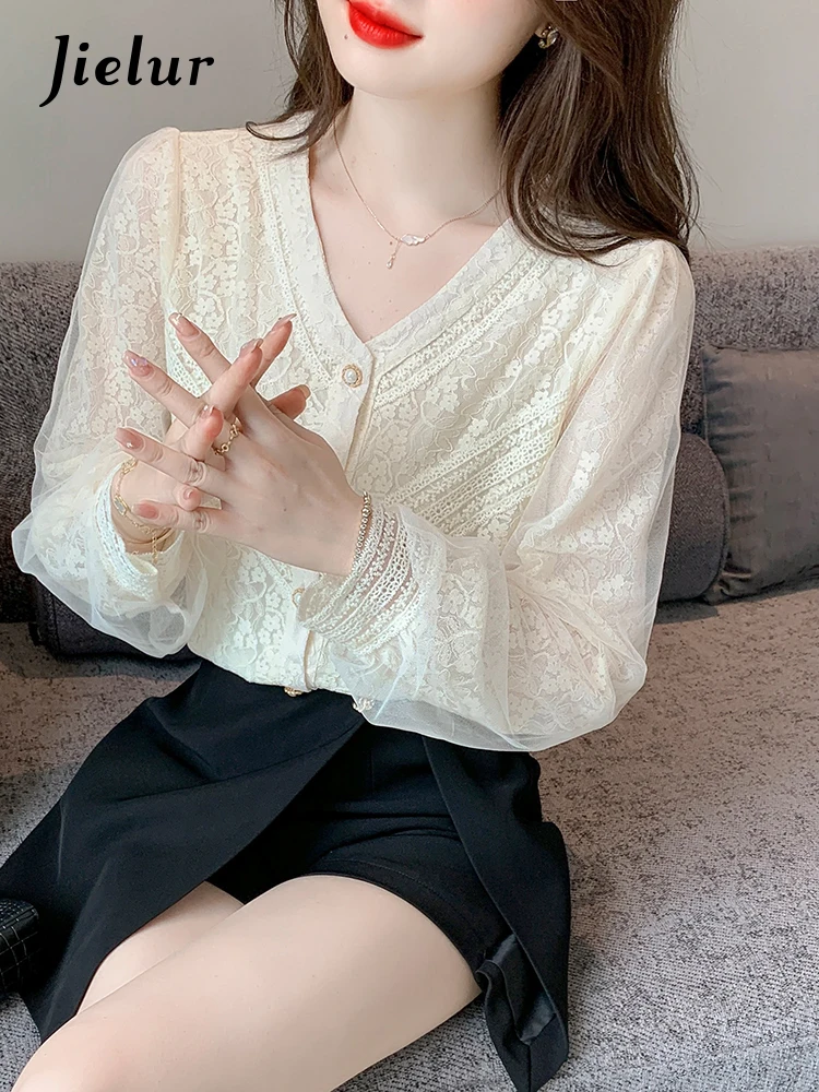 Jielur Autumn New Solid Color Slim Lace Women Shirt Sweet Ladies Elegant Chiffon Shirt Woman Apricot Long-Sleeved Top Female