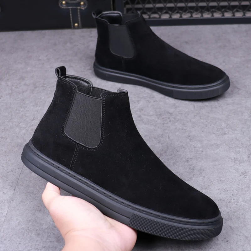 

mens casual cow suede leather boots black tide autumn winter shoes cowboy platform boot handsome ankle chelsea botas masculinas