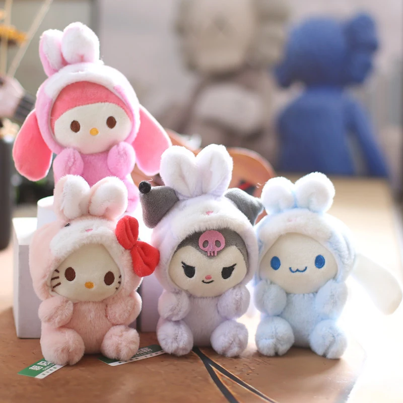 Sanrio Cinnamoroll Kuromi Melody Pachacco Pom Purin boneka kelinci lucu gantungan kunci boneka berbulu lucu liontin ransel mainan