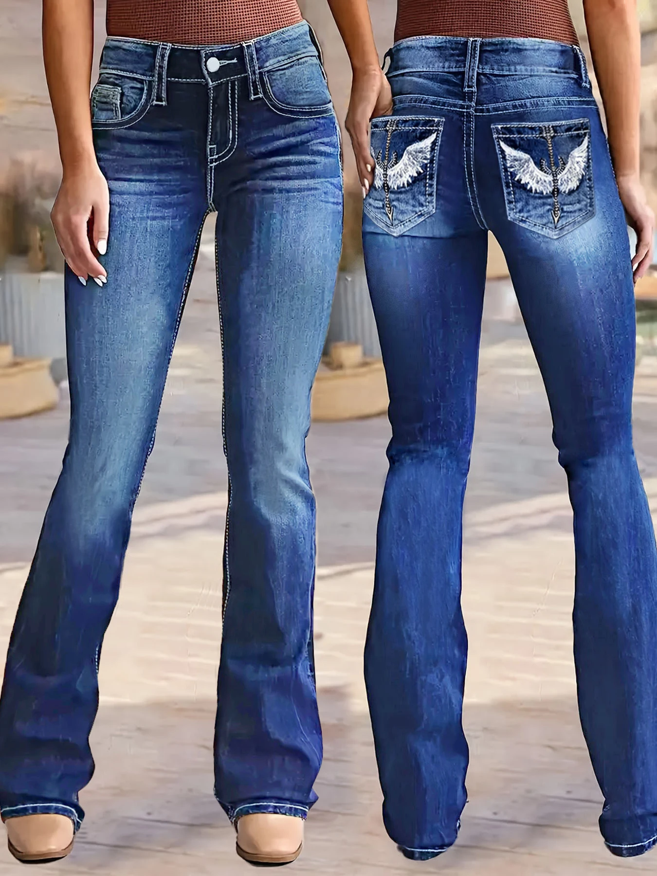 جينز نسائي مقاس كبير بخصر عالٍ ومطرز باللون الأزرق الفاتح مع تفاصيل جيب مجنحة كاجوال على طراز الحرم الجامعي اليومي