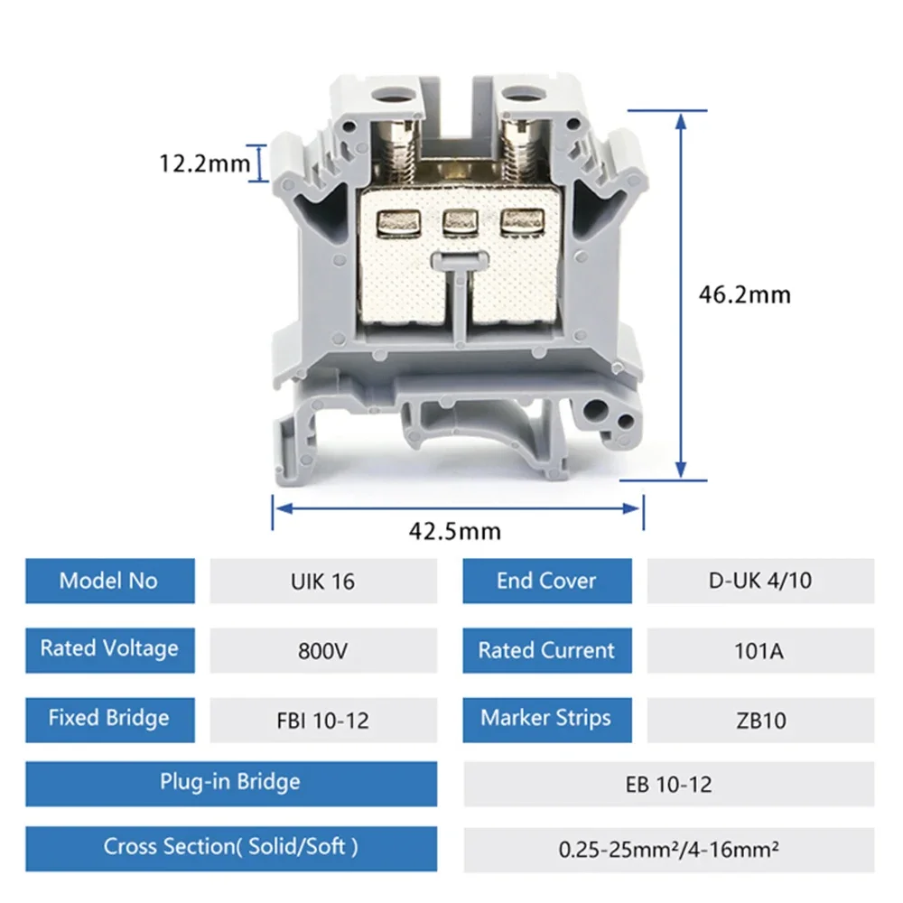 Din Rail Terminal Blocks 10Pcs UIK-16 Universal Class Connector Screw ConnectionTerminal Strips Blocks UIK16 Wire Conductor