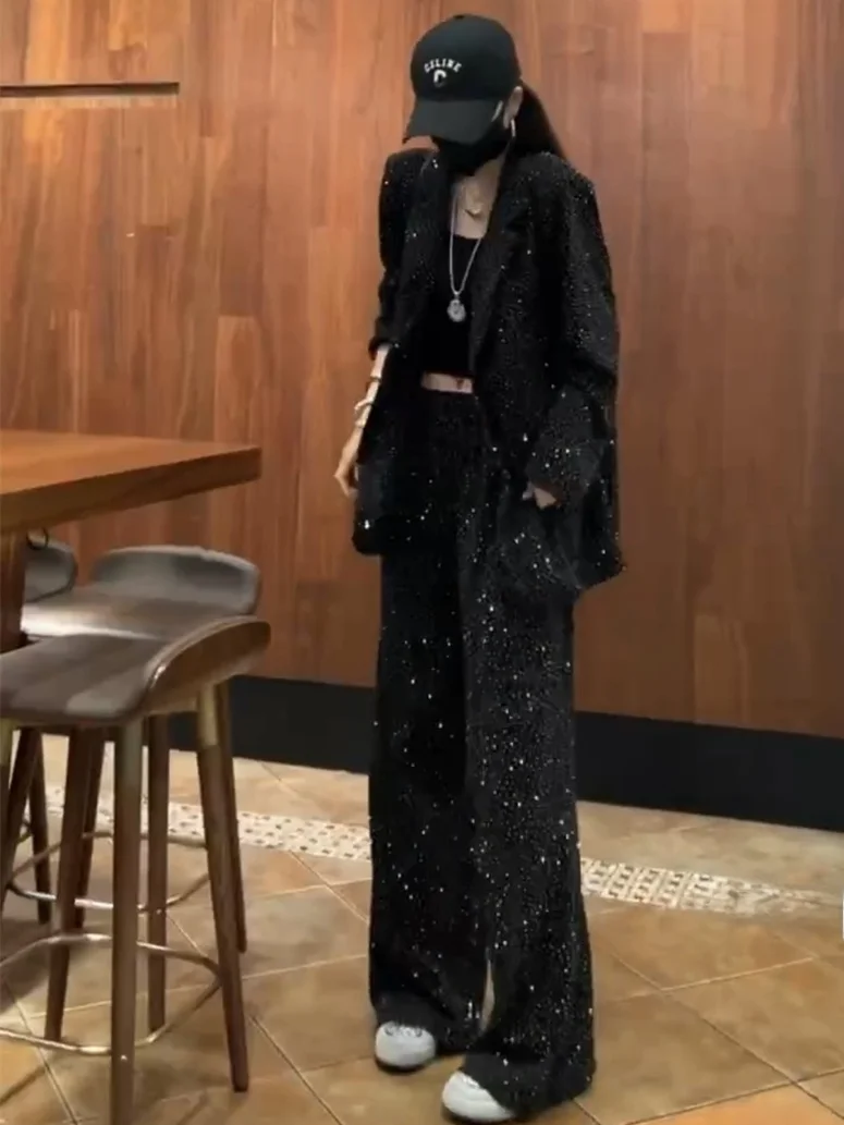 Laid-ba Sle Faion frauen Frühling Sommer Neue Anzug Kragen Lose Oberbekleidung Breite Bein Hosen Diamant Set Trendy ensemble