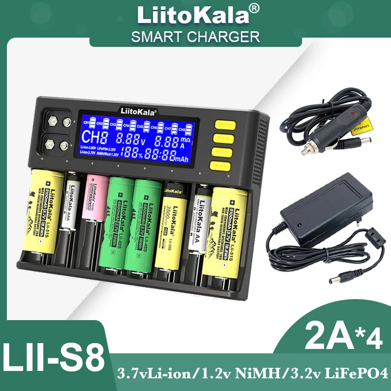 LiitoKala oryginalny Lii-PD4 PD2 lii-S6 S8 inteligentna ładowarka do akumulatora dla 3.7v 1.2v NiMH 3.2v Li FePO4 18650 26650 21700 18500 AA AAA