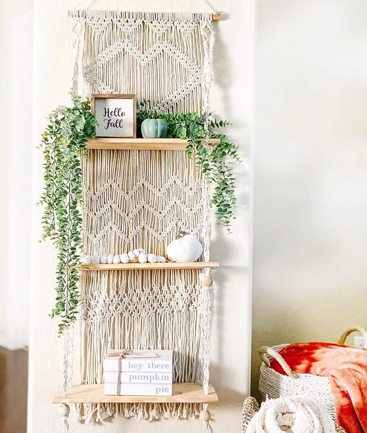 

Macrame Wall Hanging Shelf - 3-Tier Plant Hanger with Handmade Rope - Boho Floating Shelf for Kitchen, Bathroom, Home (Pine Wood