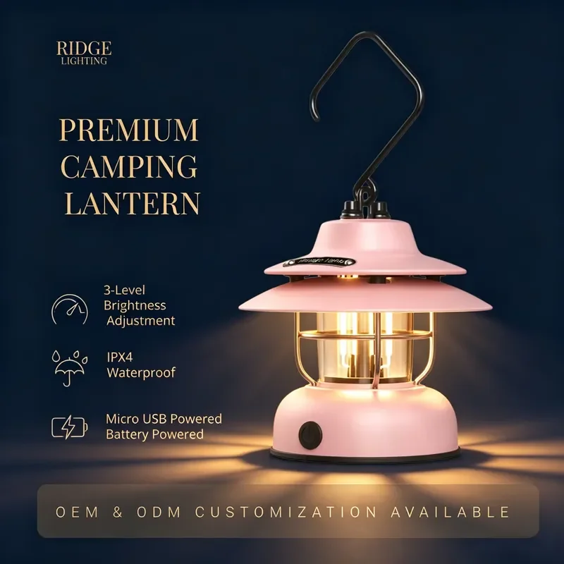 RJ Retro LED Camping Lantern Dual Power Supply (USB/AA Battery) Waterproof Dimmable Warm White Hanging Tent Light Metal ABS