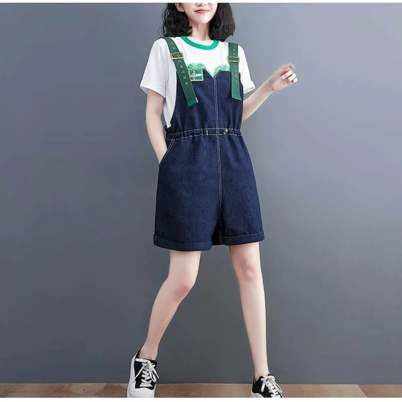 Denim Jumpsuits Vintage Waisted Loose Wide Leg Shorts Korean Fashion Romper Casual Bodysuits One Piece Outfits Women Clothing