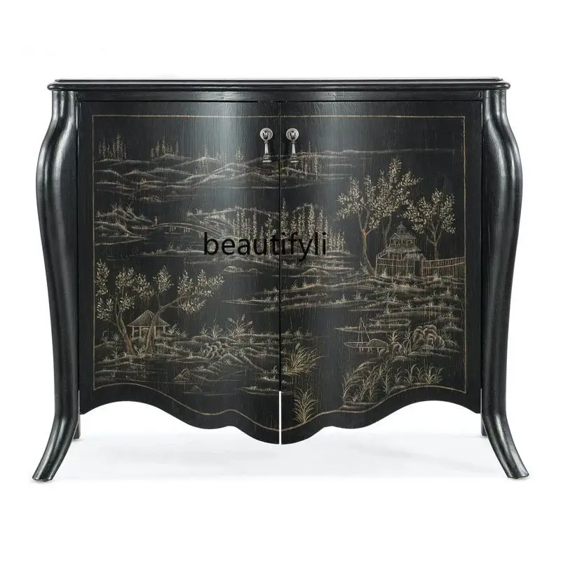 

Retro hand-painted entrance cabinet, black solid wood double door side cabinet/American decorative cabinet/locker