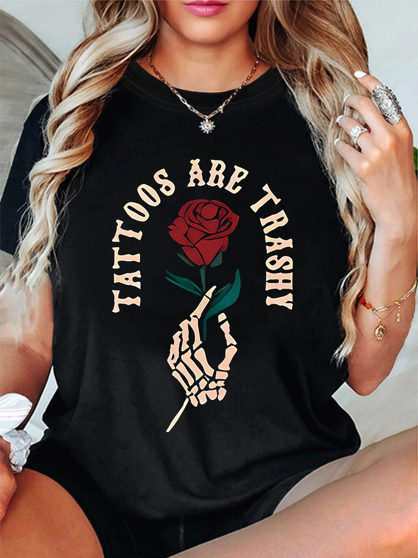 

Women's T-shirt Short Sleeve TATTOOS ARE TRASHY Letter Print Crew Neck Streetwear Casual Daily Top For Summer & Spring