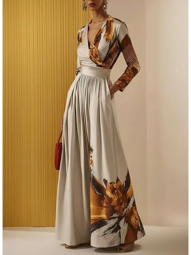 Imagen 2 del producto Mono ajustado estampado con cuello en V y mangas largas para mujer, mono de pierna ancha y cintura alta, traje elegante para ir al trabajo para oficina