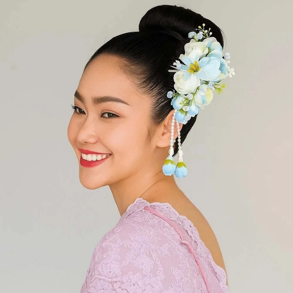 

Elegant Sweet Flowers Hairpin with Tassels Floral Headwear Thai Style Tulip Hair Comb Cloth Plastic Chignon Hair Clips Bride