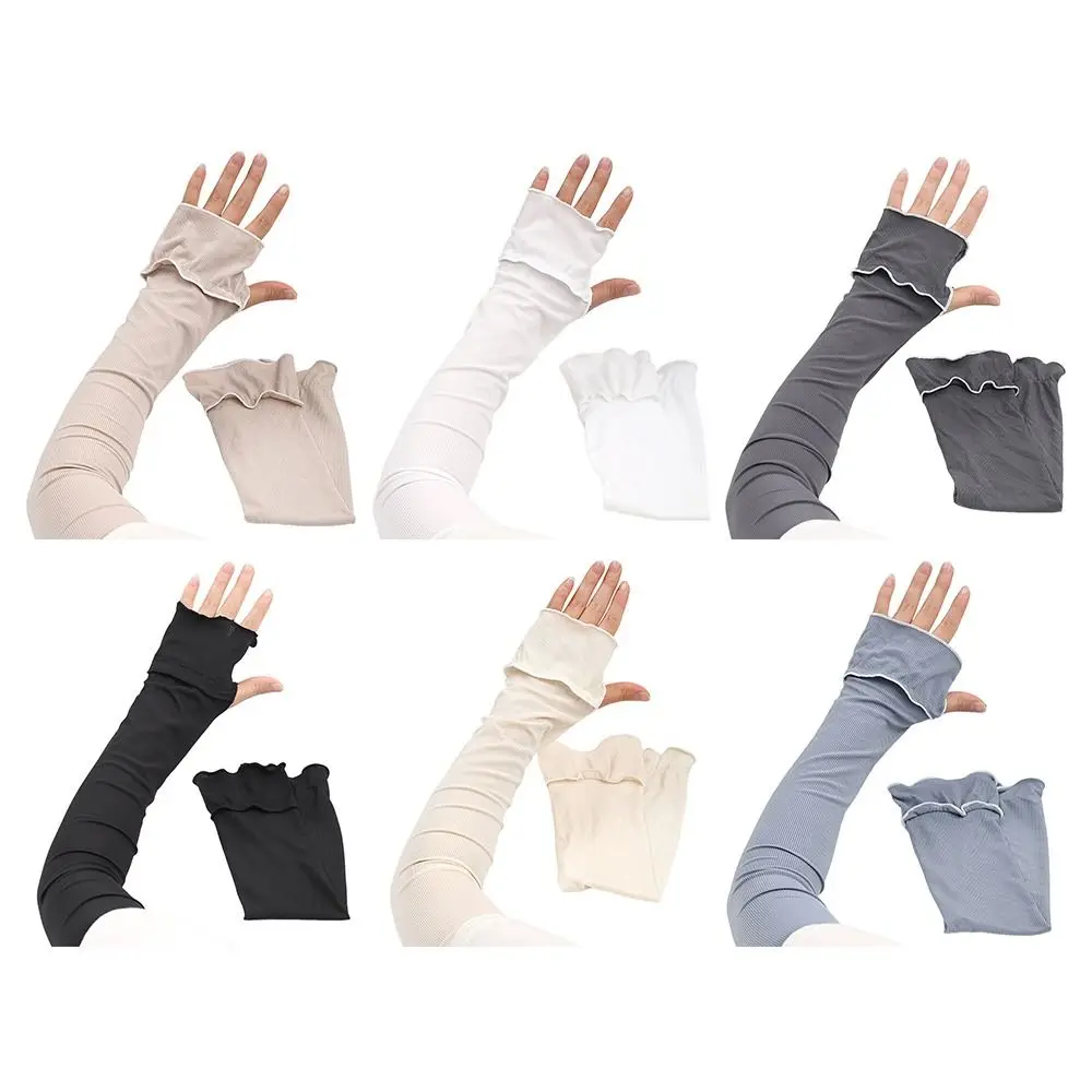 Comfortable Breathable Cooling Arm Sleeves Ice Silk UV Protection Sunscreen Sleeves Lightweight Quick Dry Ruffled Edge Sleeves