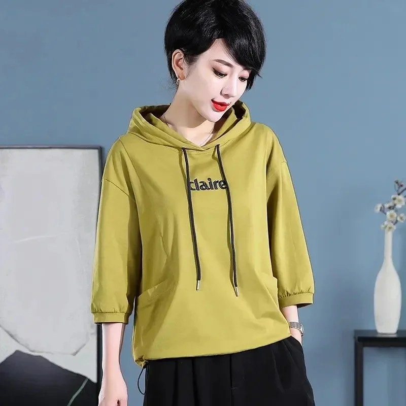 Spring Autumn Casual Hoodie 2024 New Hooded Women's Clothes Top Solid Colour Fashion Three-Quarter Sleeves Pullover Hoody Female