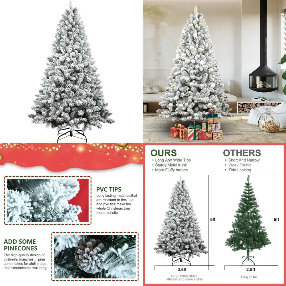 

Miniature 5-Foot Snow-Covered Artificial Christmas Tree, Unlit, with Pine Cones and 600 Branch Tips, Ideal for Holiday Season De