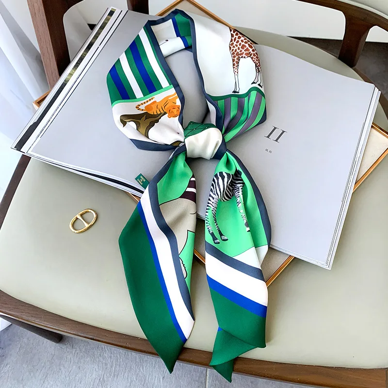 Luxury Silk Skinny Scarf 2024 Fashion Bag Handle Ribbon Ladies Horse Print Headband Small Hair Scarves Band Female