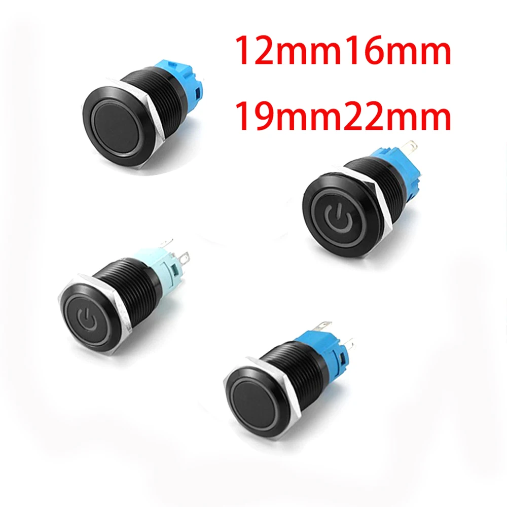 Black Push Button Switch 12/16/19/22mm Waterproof illuminated Led Light Metal Flat Momentary Switches with power mark 5V 12V 24V