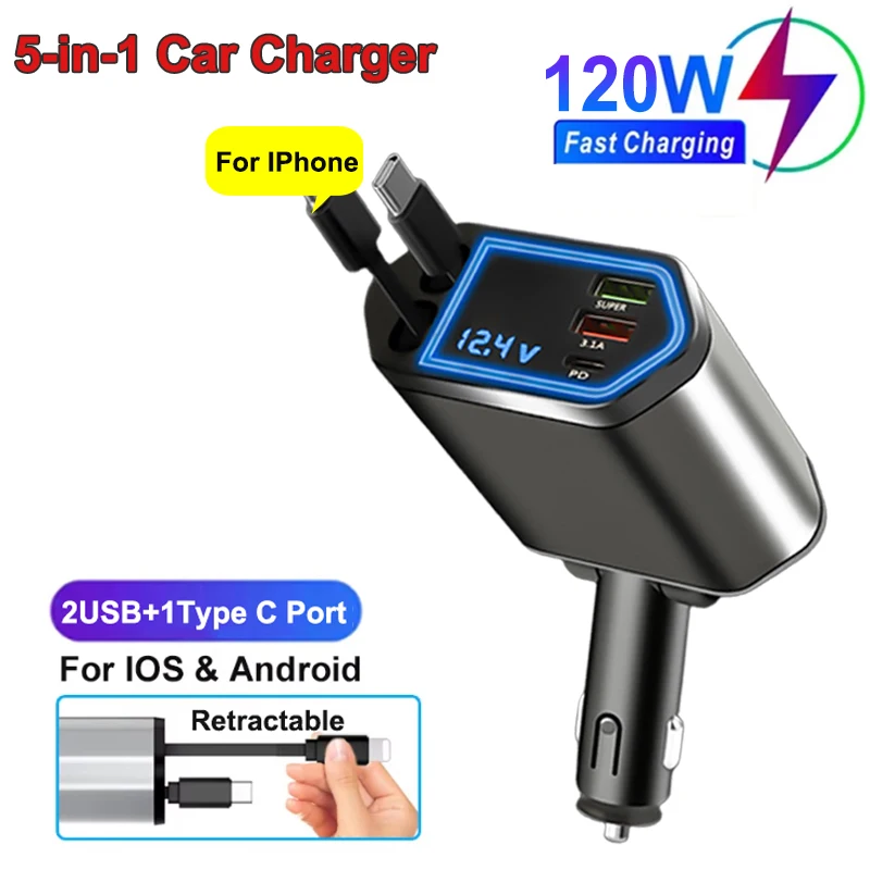 

120W Car Charger USB Type-C Power Adapter with Retractable Cords Voltage Display Super Fast Charging for iPhone & Android