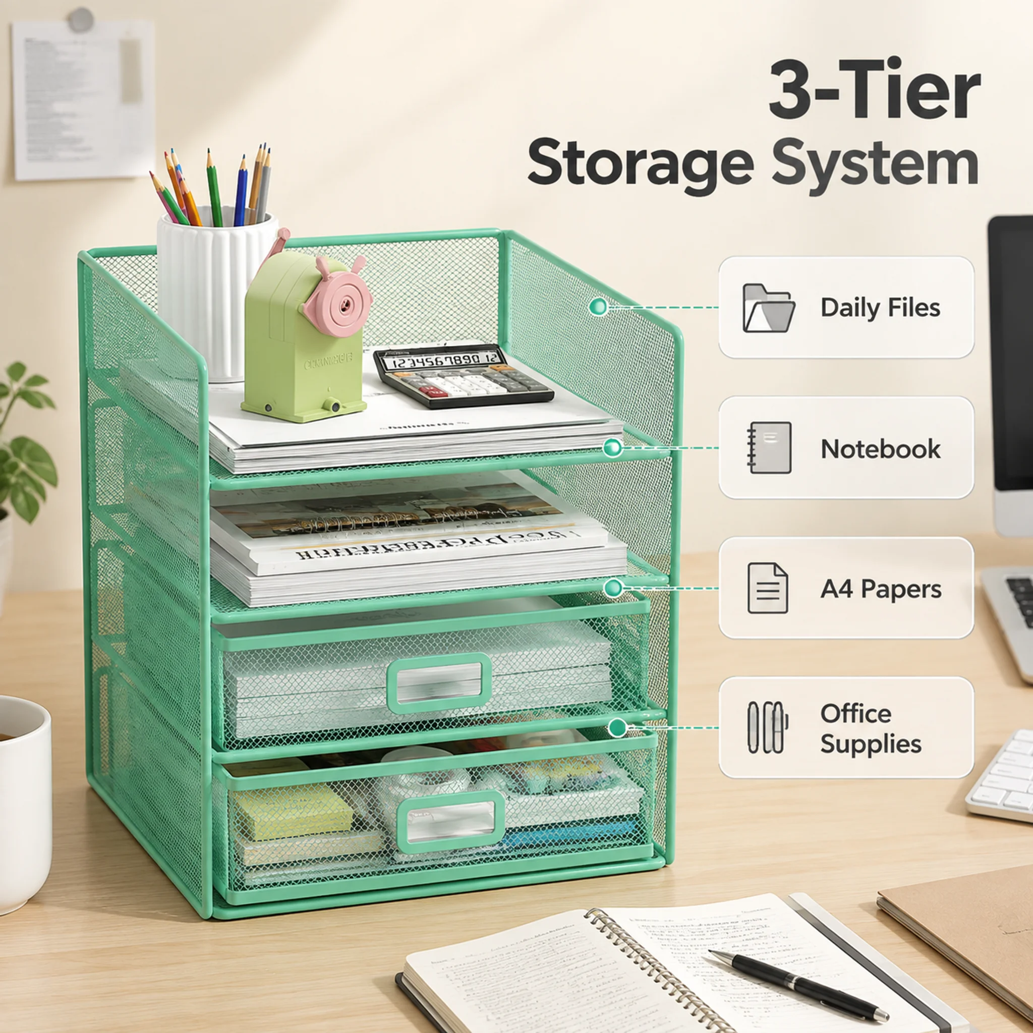 Desktop Filing Tray - ที่จัดเก็บเอกสารบนโต๊ะทำงาน, ชั้นวางของสำหรับสำนักงาน, บ้าน และอุปกรณ์การเรียนเพื่อประหยัดพื้นที่, แฟ้มเอกสารขนาด A4,