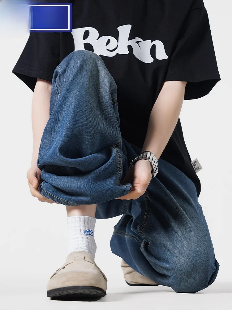 Wassup سعيد الحرير الجليد الأمريكية الرجعية الرجال الجينز الصيف رقيقة مستقيم فضفاض عارضة السراويل الطويلة واسعة الساق عالية الخصر الشباب Faion #1