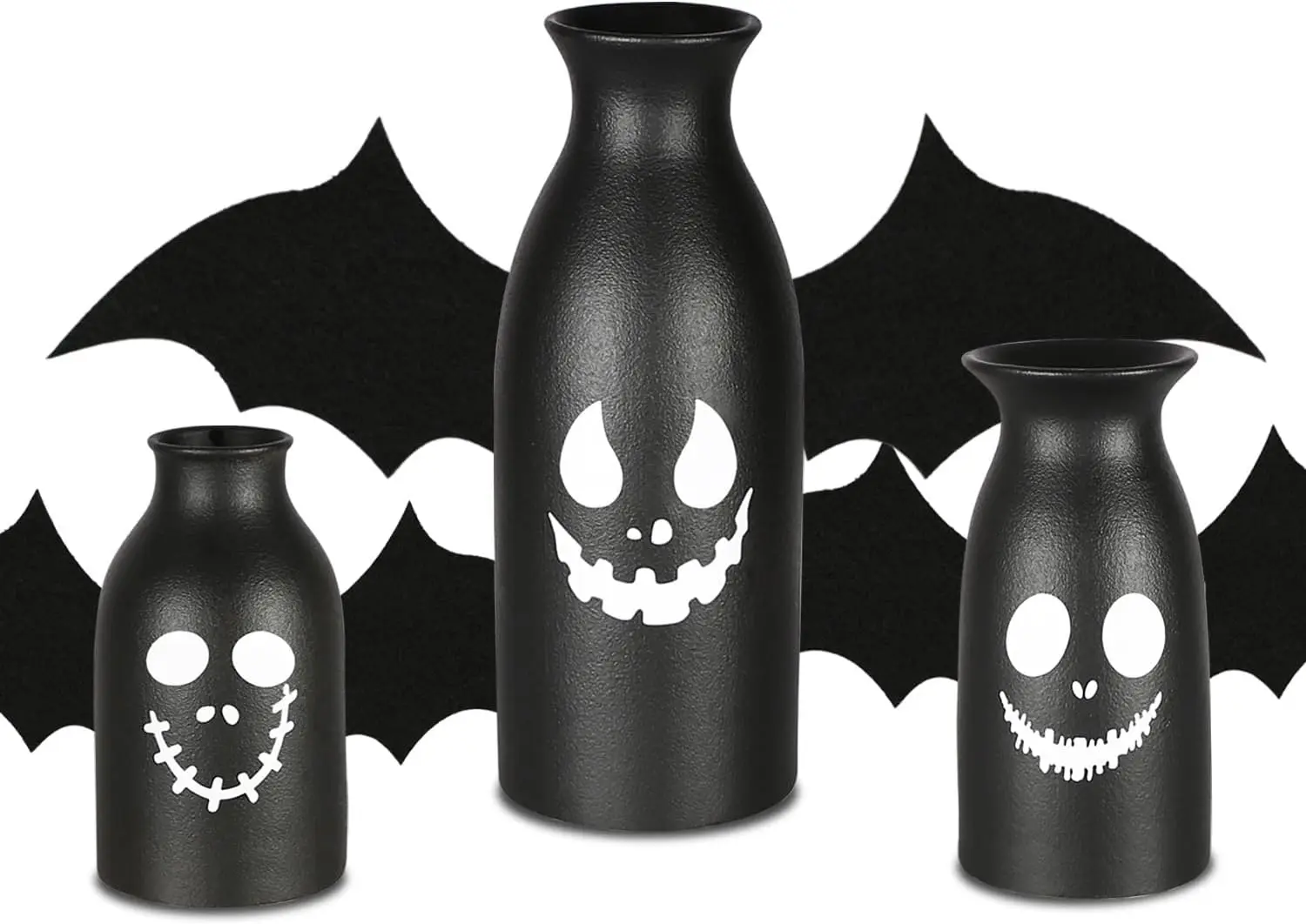 Cemabt Ceramic Vases Set 3-Halloween Home Decorations With Skull, Ghost, And Pumpkin Design-Gothic And Cute Vases For Halloween