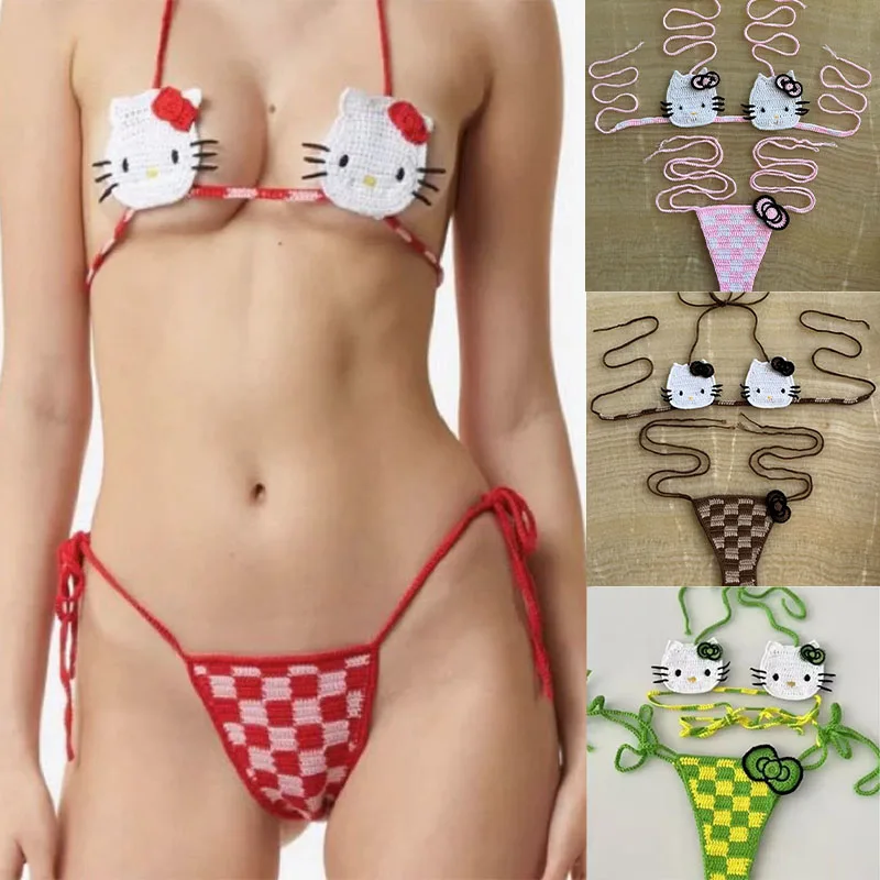 

2026 Women's Sexy Push-Up Two-Piece Swimsuit Hello Kittys Cute Crochet Bikini Set Fashion Lady's Ties Thong Swimwear Trendy Gift