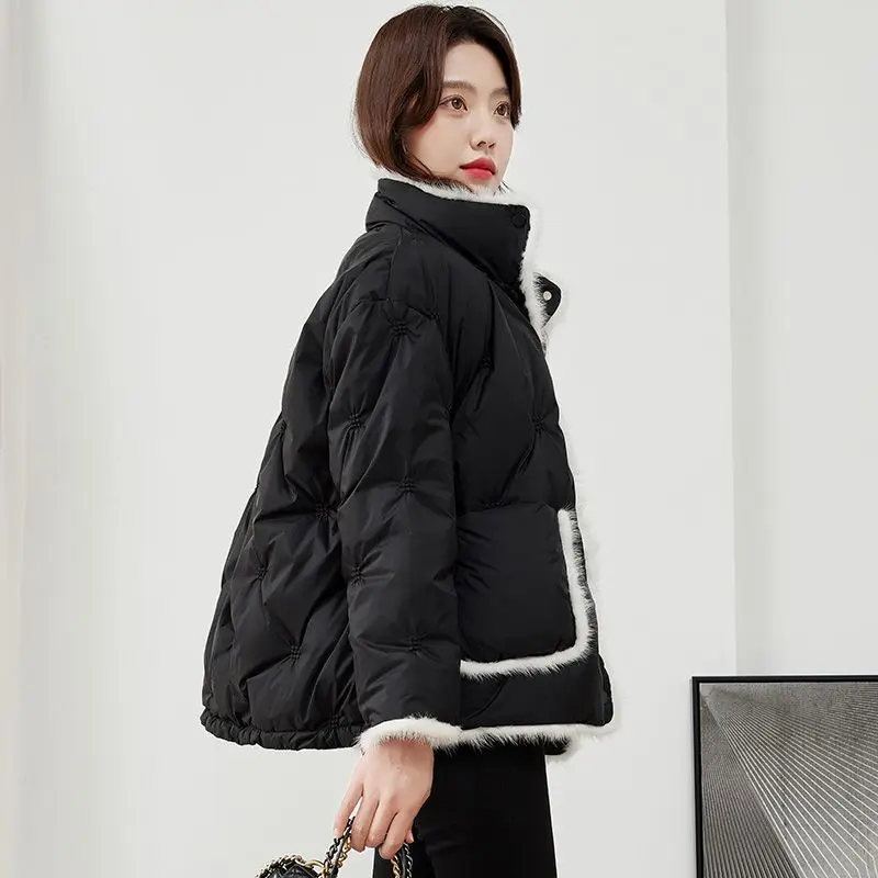 2025 Winter Nieuwe Dames Korte Donsjack 90 Witte Eendendons Loose Fit Koreaanse Stijl Nertsen Bontkraag Jas