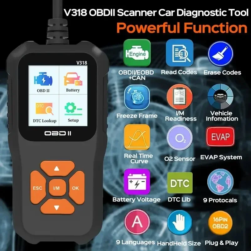 

OBD2 Car Diagnostic Tool, Check Engine, Code Reader com Reset,Battery Test,OBDII, EOBD CAN, Car Scan Tools